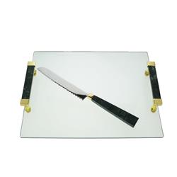 Classic Touch Jmgct15g 11 X 16 In. Glass Challah Board With Black Marble Handles & Knife