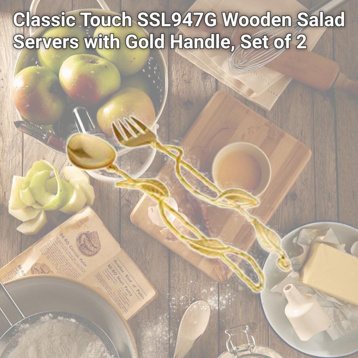 Picture of Classic Touch SSL947G Wooden Salad Servers with Gold Handle, Set of 2
