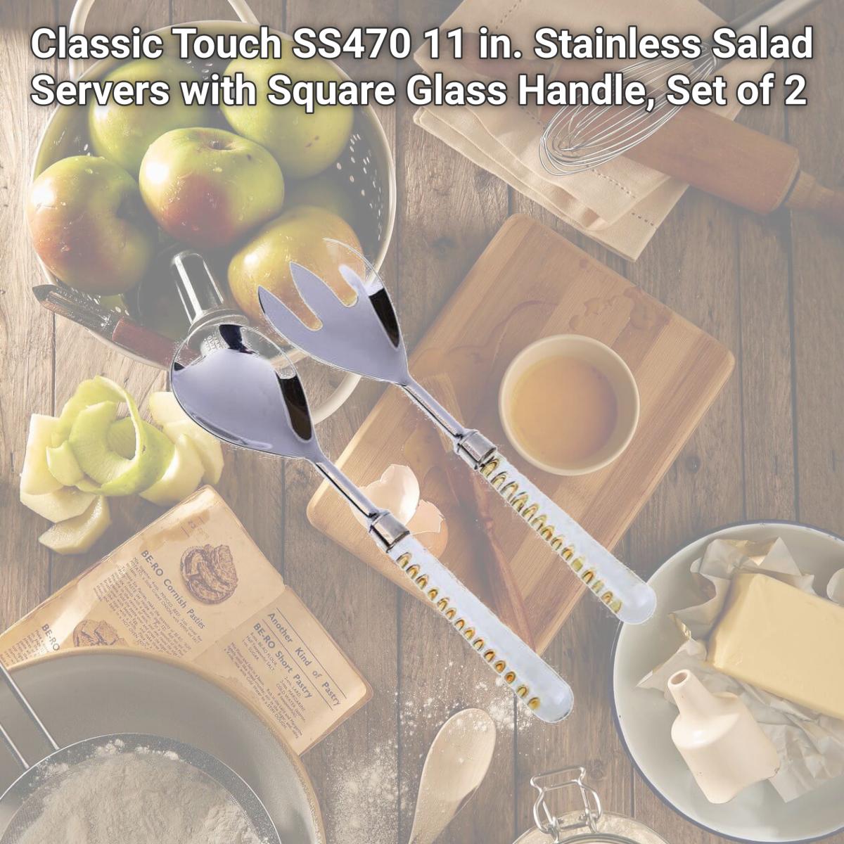 Picture of Classic Touch SS470 11 in. Stainless Salad Servers with Square Glass Handle, Set of 2