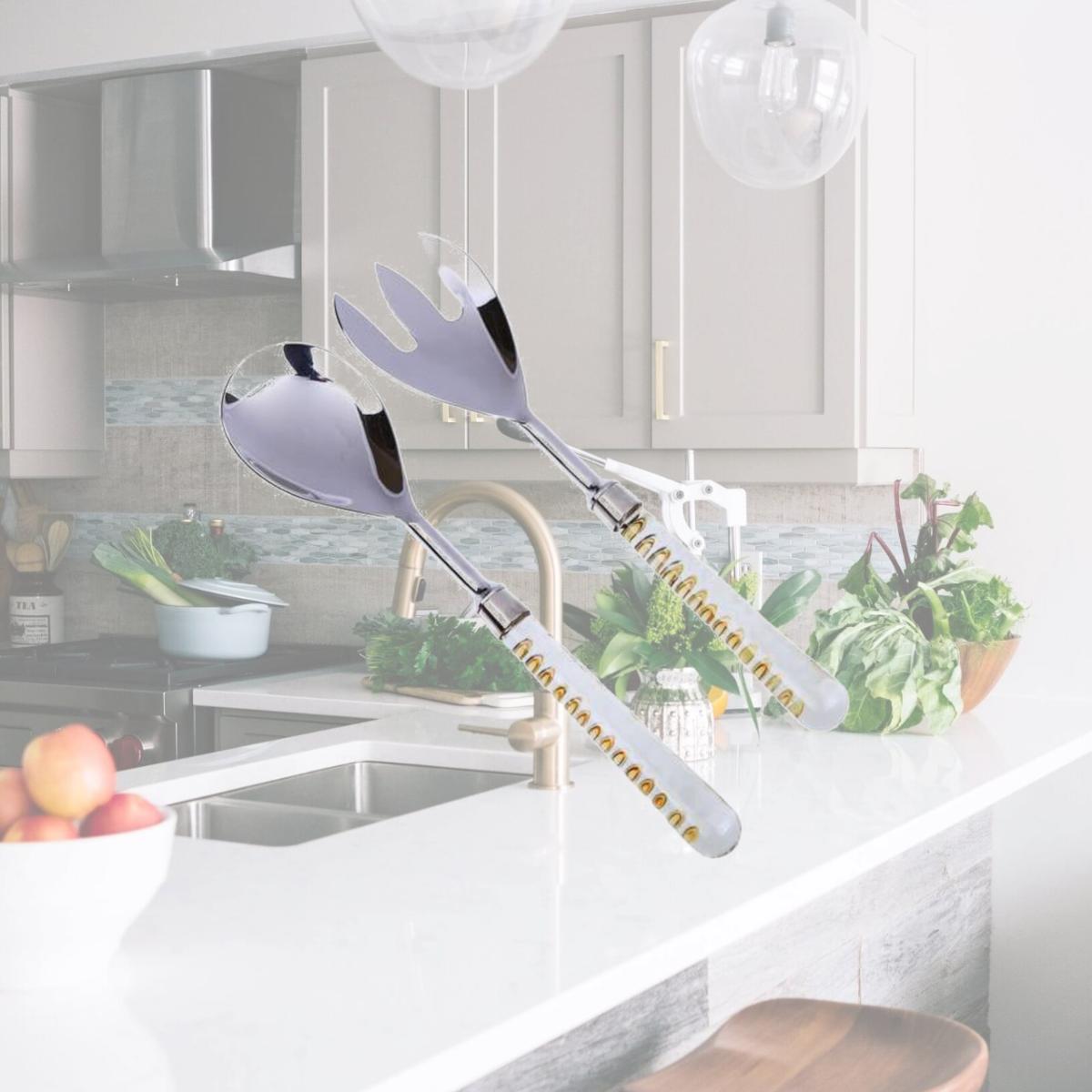 Picture of Classic Touch SS470 11 in. Stainless Salad Servers with Square Glass Handle, Set of 2