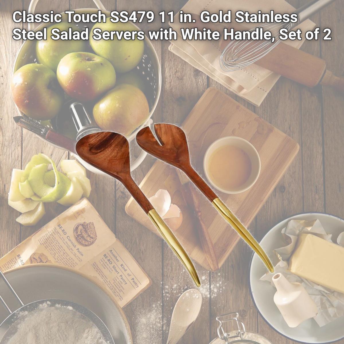 Picture of Classic Touch SS479 11 in. Gold Stainless Steel Salad Servers with White Handle, Set of 2