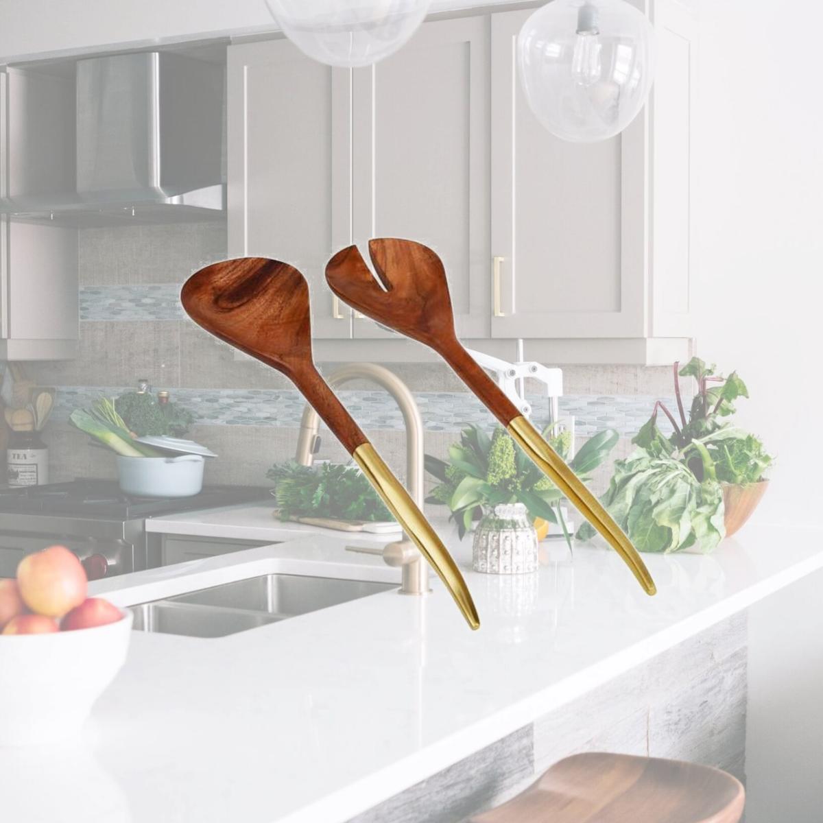 Picture of Classic Touch SS479 11 in. Gold Stainless Steel Salad Servers with White Handle, Set of 2
