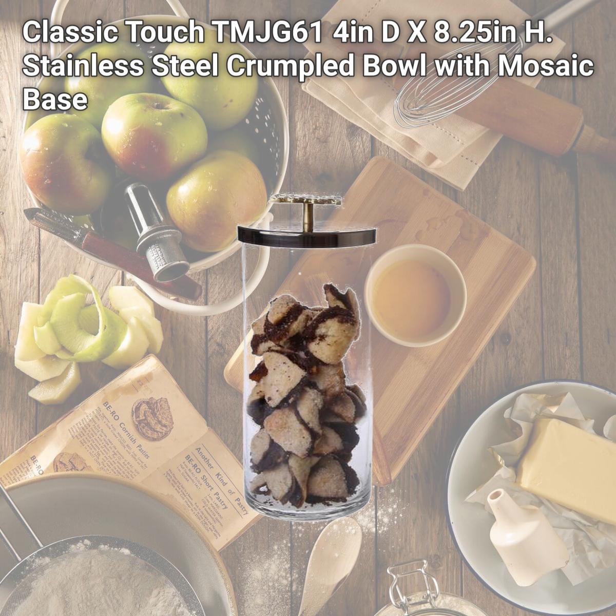Picture of Classic Touch TMJG61 4in D X 8.25in H. Stainless Steel Crumpled Bowl with Mosaic Base