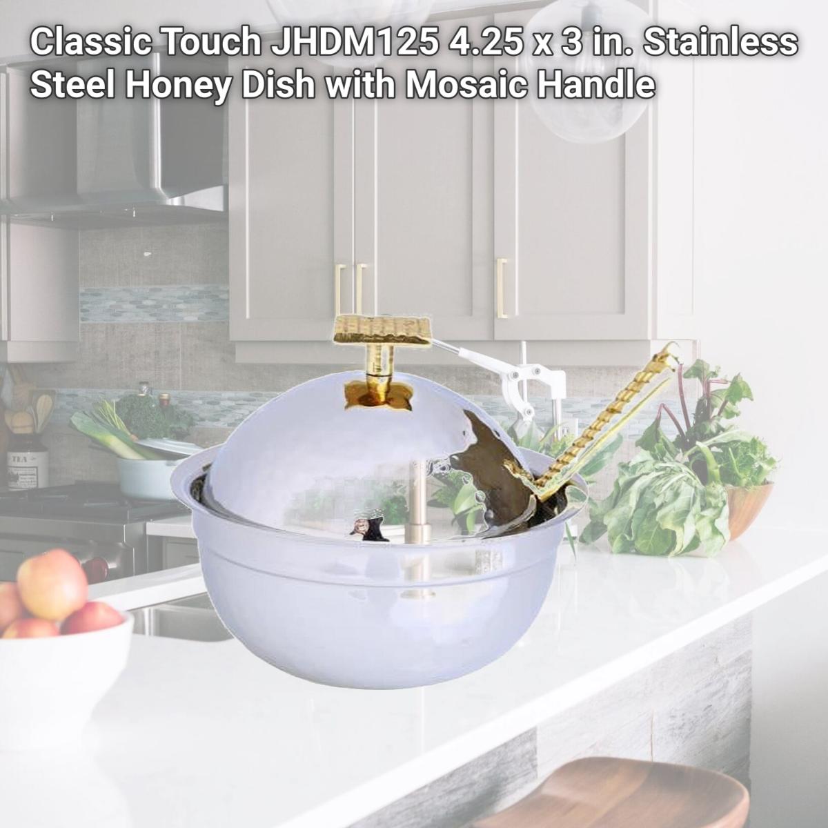 Picture of Classic Touch JHDM125 4.25 x 3 in. Stainless Steel Honey Dish with Mosaic Handle