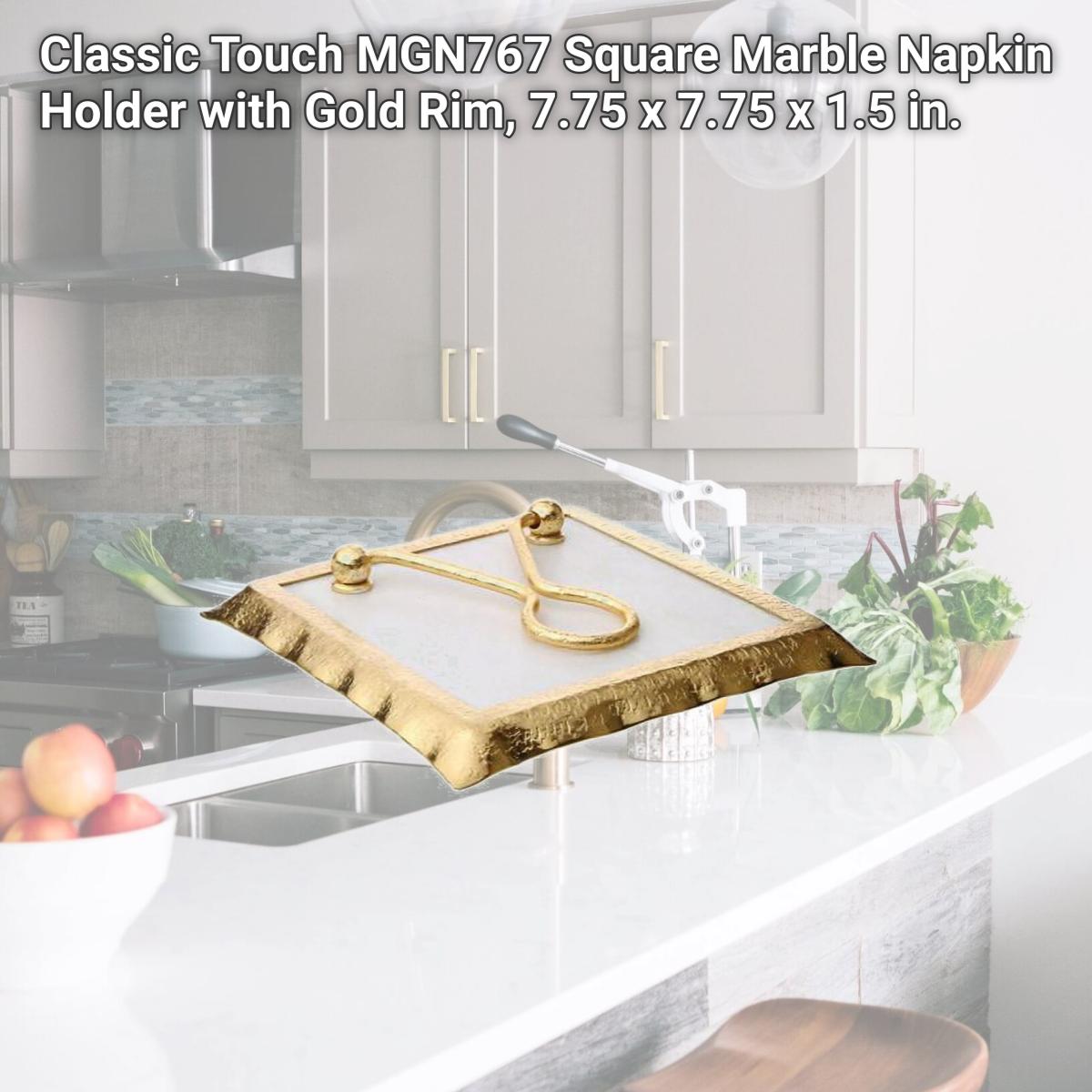 Picture of Classic Touch MGN767 Square Marble Napkin Holder with Gold Rim, 7.75 x 7.75 x 1.5 in.