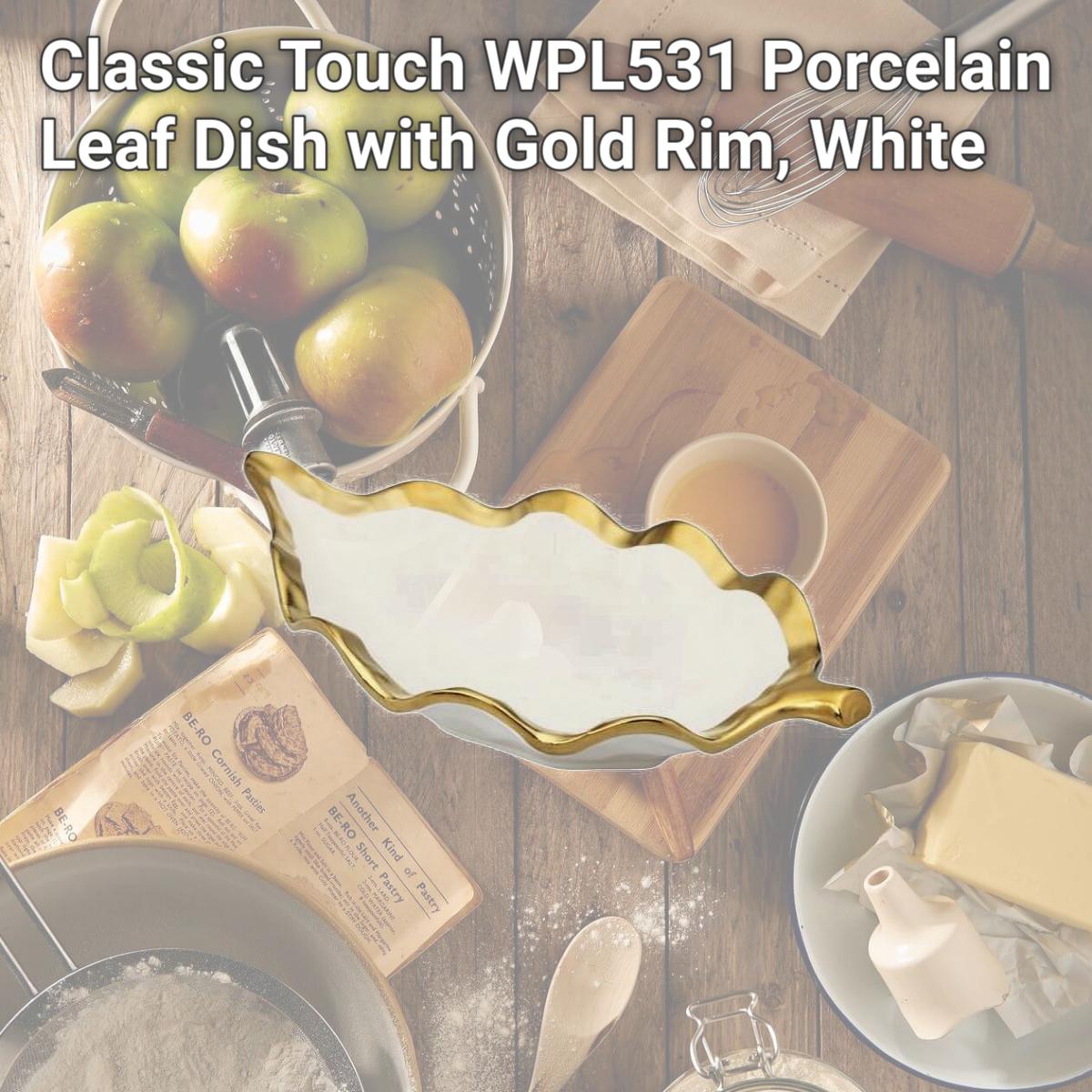 Picture of Classic Touch WPL531 Porcelain Leaf Dish with Gold Rim, White