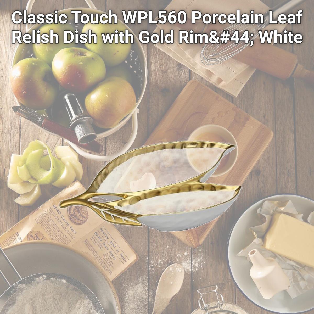 Picture of Classic Touch WPL560 Porcelain Leaf Relish Dish with Gold Rim, White