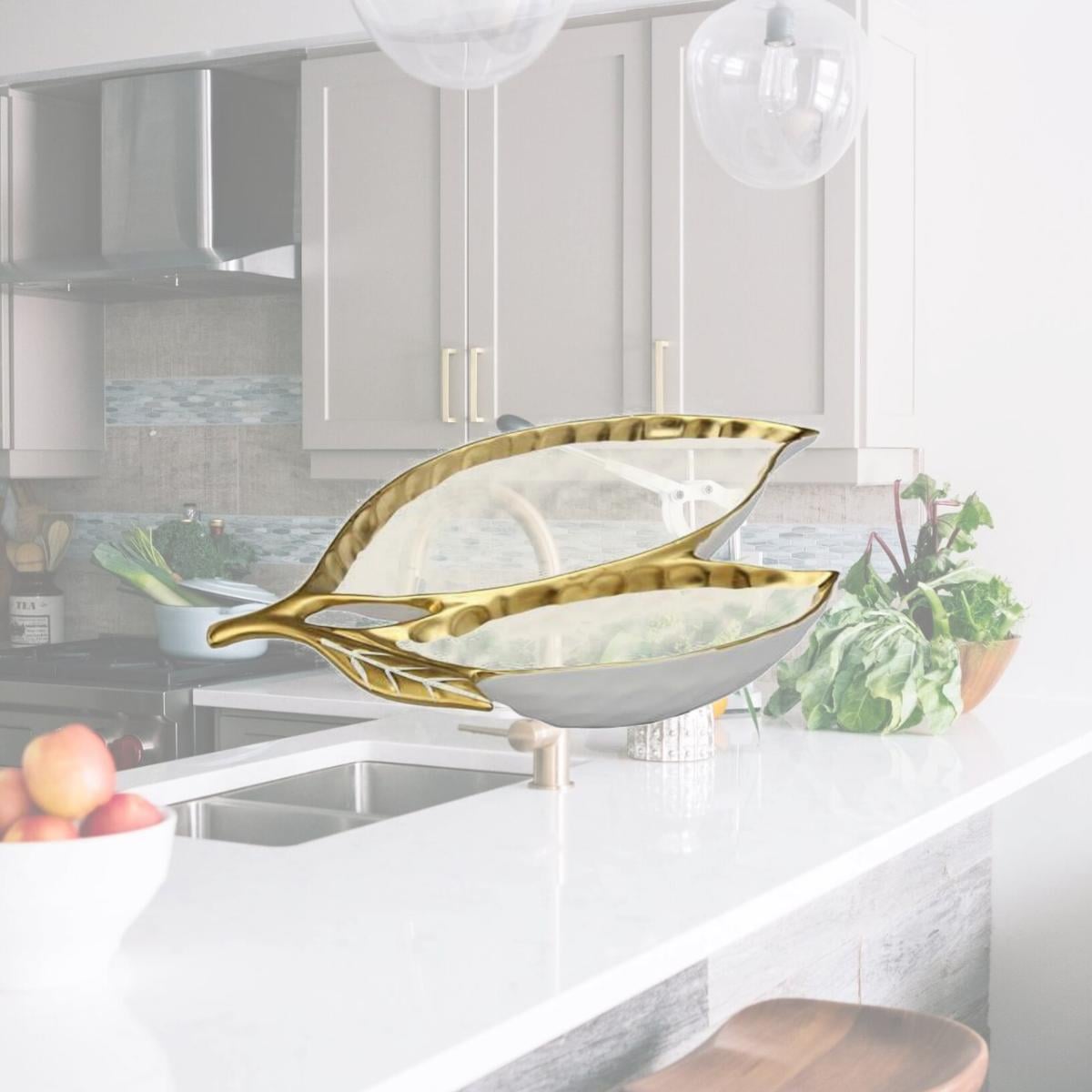 Picture of Classic Touch WPL560 Porcelain Leaf Relish Dish with Gold Rim, White