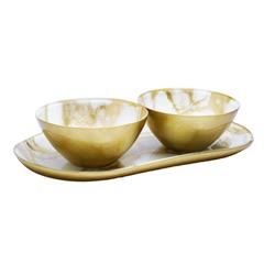 Classic Touch Mr1073 Marbleized 2 Bowl Relish Dish, White & Gold