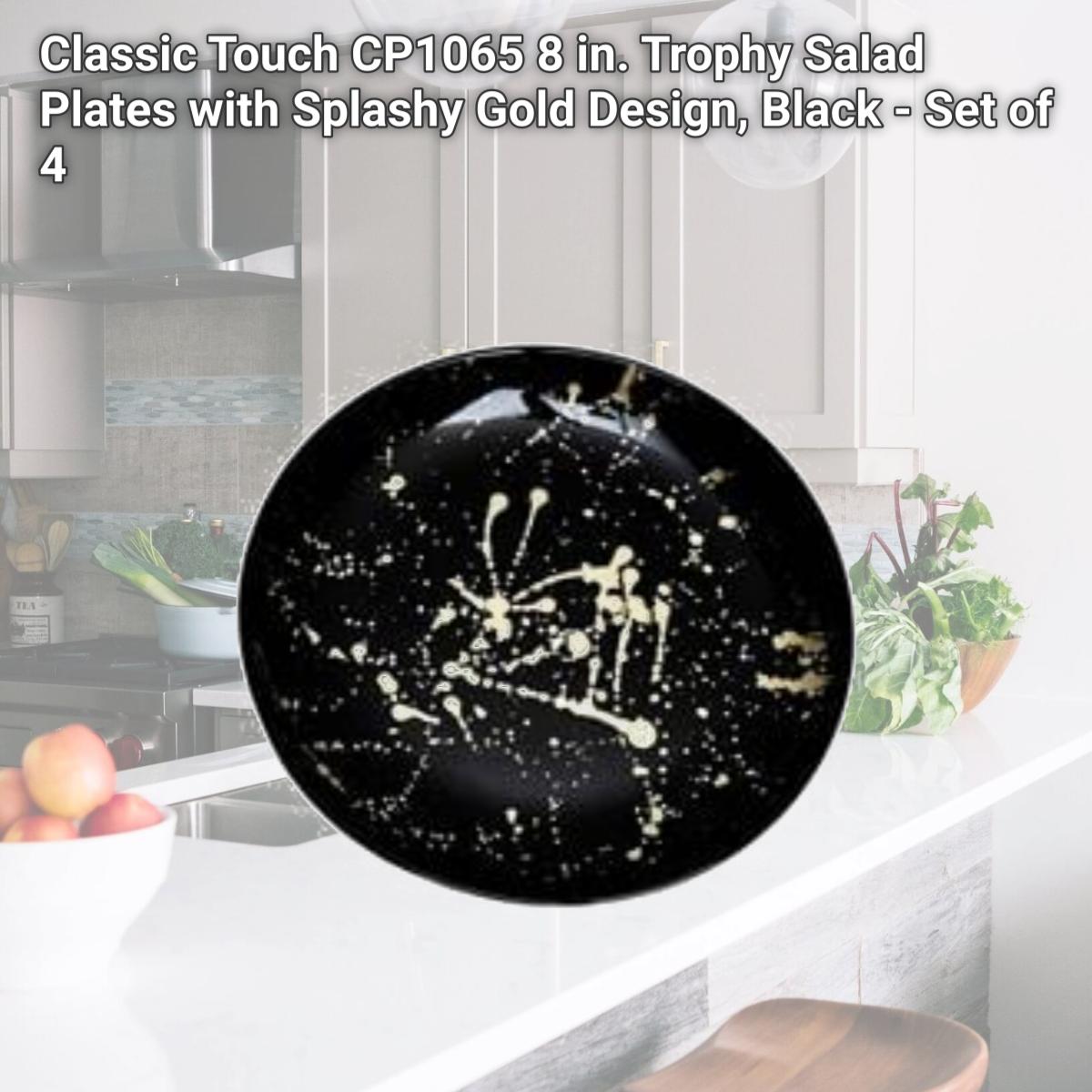 Picture of Classic Touch CP1065 8 in. Trophy Salad Plates with Splashy Gold Design, Black - Set of 4