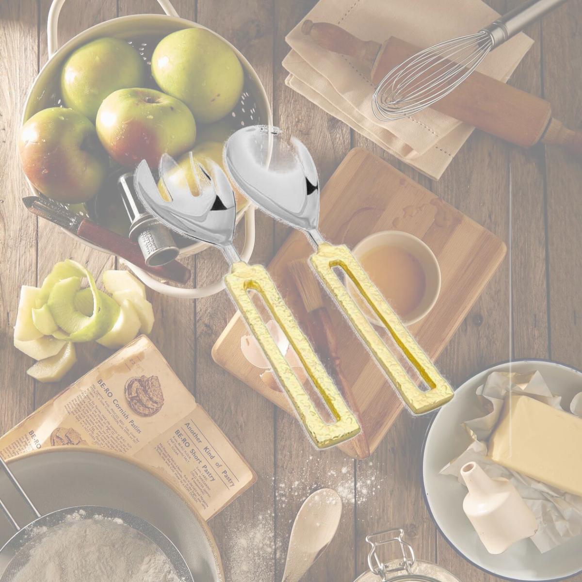 Picture of Classic Touch TPSS1090 Salad Servers with Square Gold Loop Handles - Set of 2