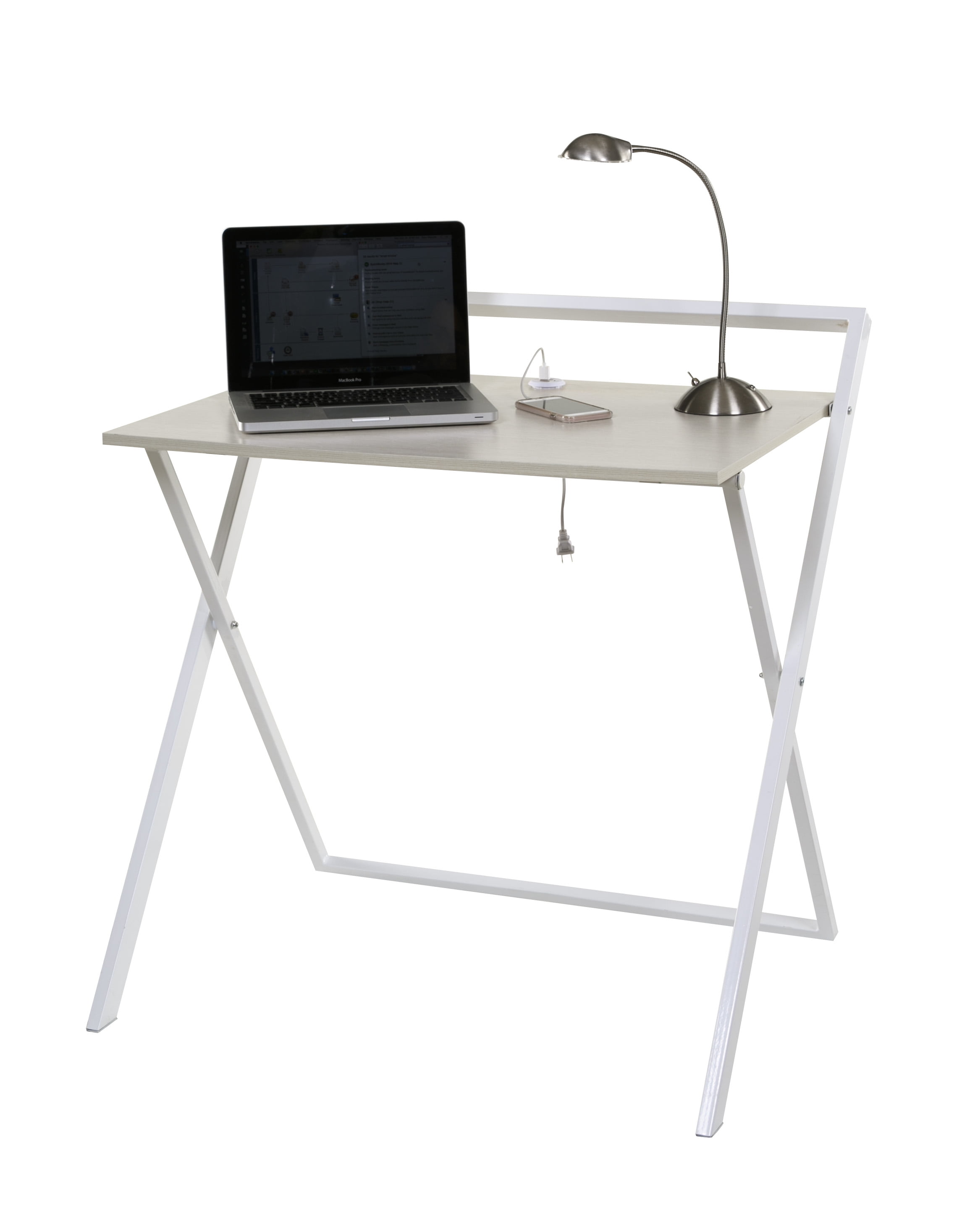 34.75 X 32.25 X 24.5 In. No Assembly Folding Desk With Dual Usb Charger, Whitewashed Oak & White