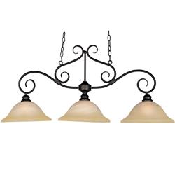 60-6463 12 In. & 44 In. 3-light Classic Hanging Island Pendant Curved Metal Base With Chain Glass Shades, Bronze