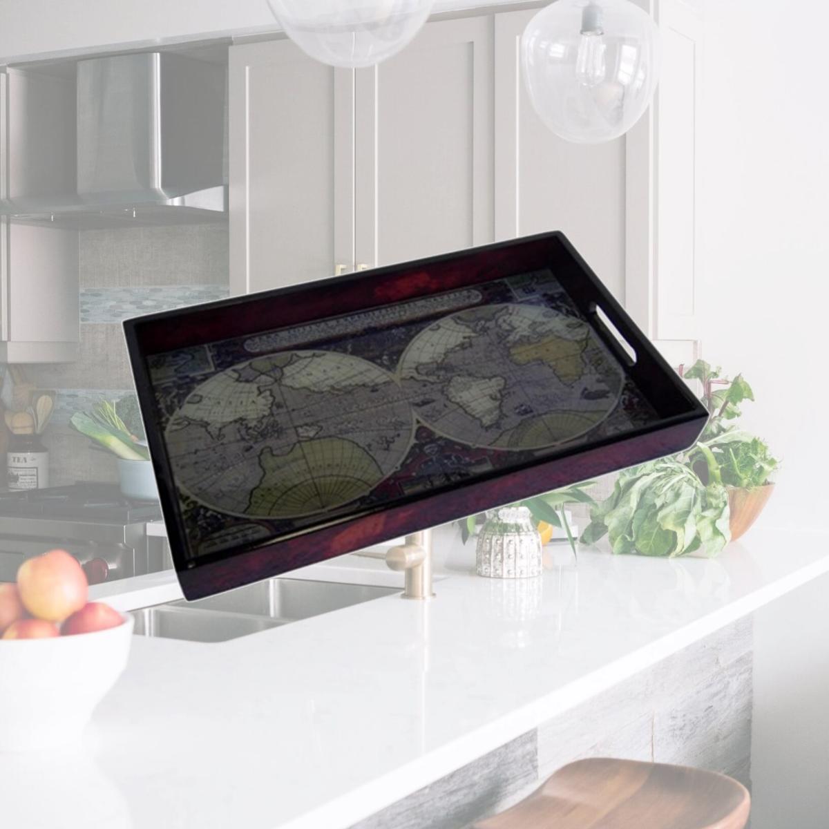 Picture of Cheungs FP-4422 Wood Tray with Glass Top Map Design - 9.5 x 1.75 x 15.75 in.