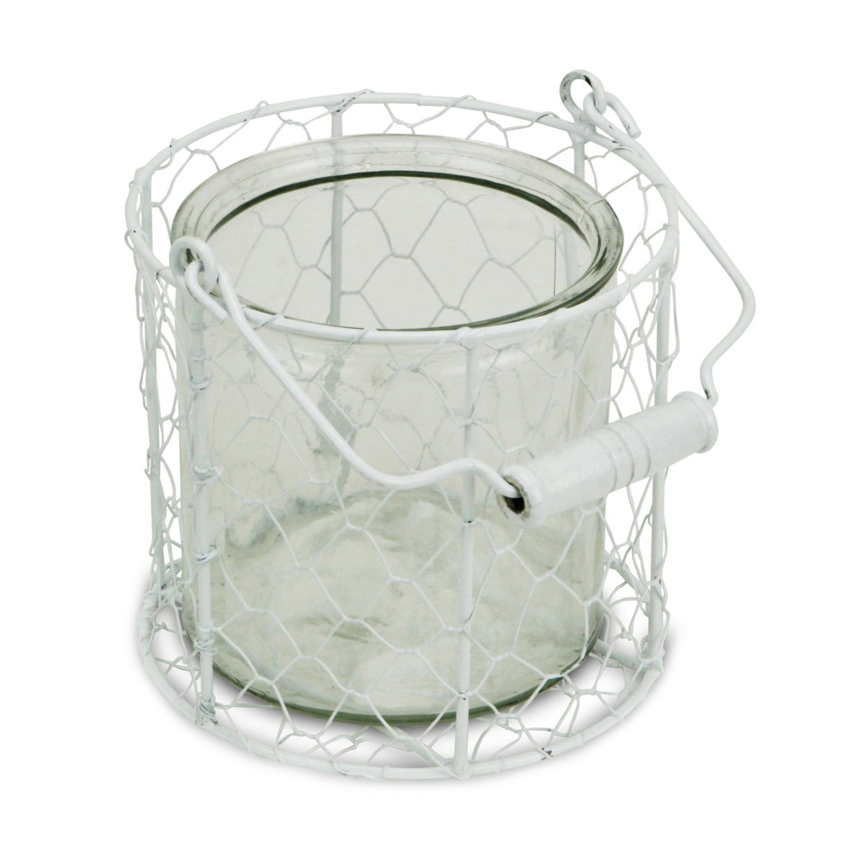 15s001wl Round Glass Jar In Wire Basket, White - Large