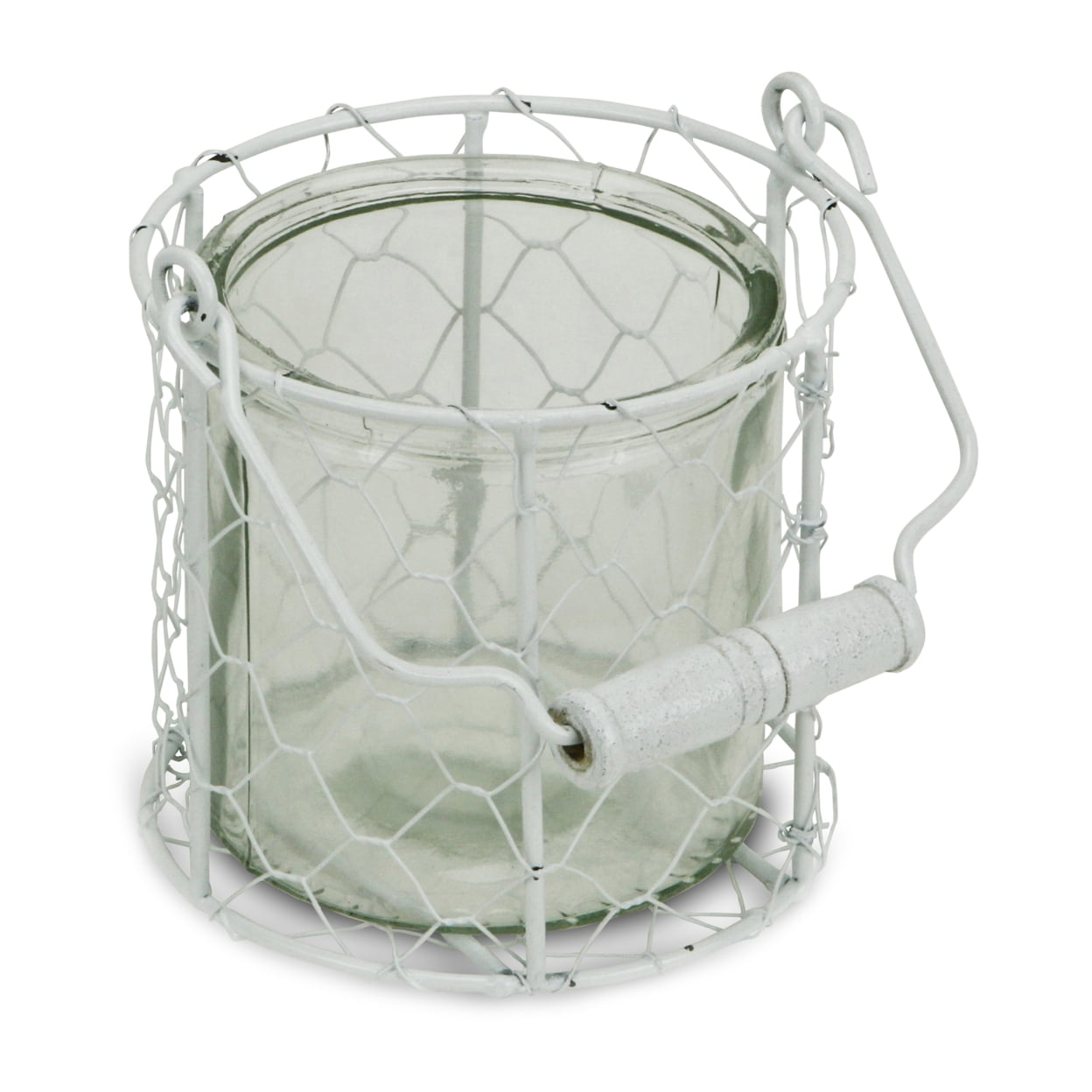 15s001wm Round Glass Jar In Wire Basket, White - Medium