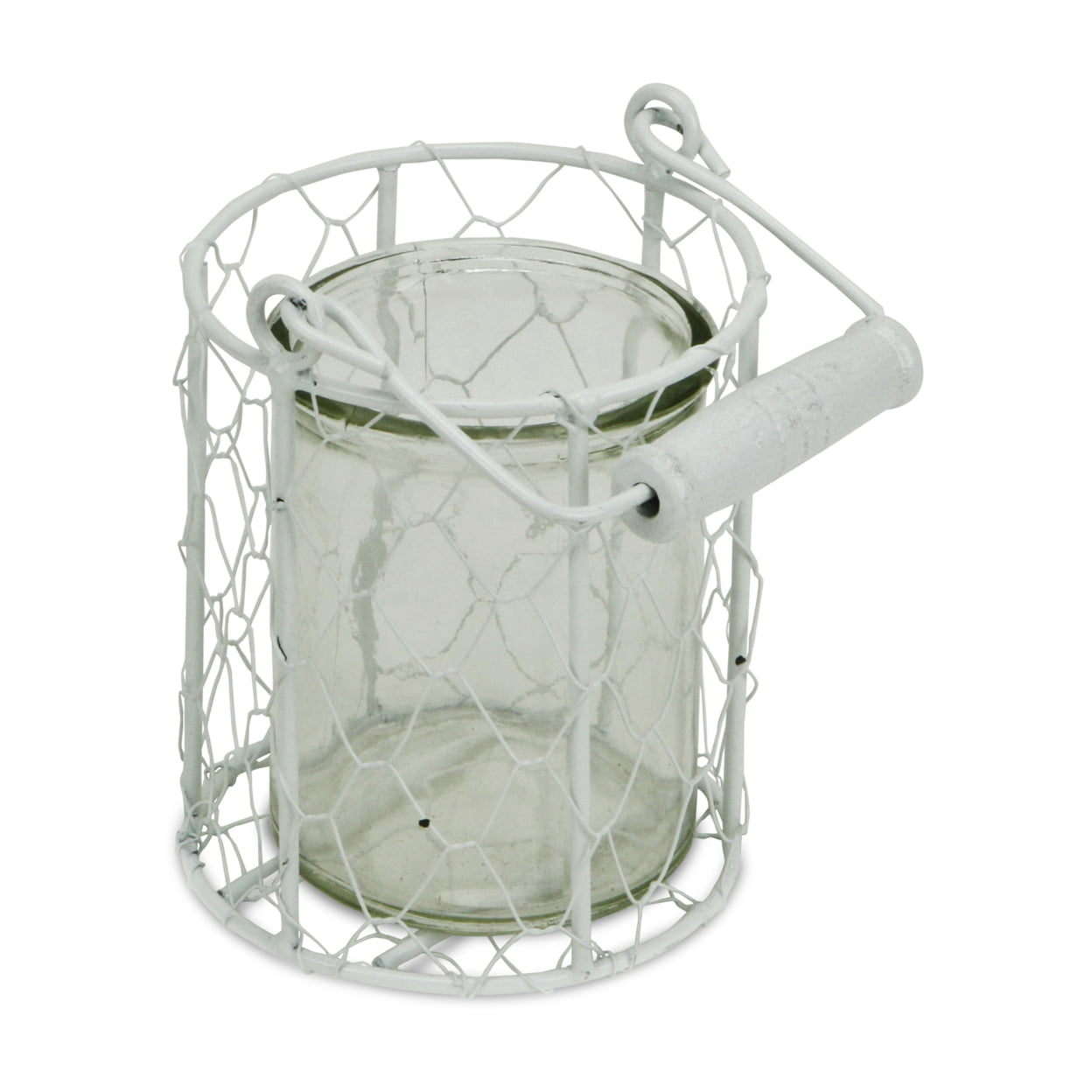 15s001ws Round Glass Jar In Wire Basket, White - Small