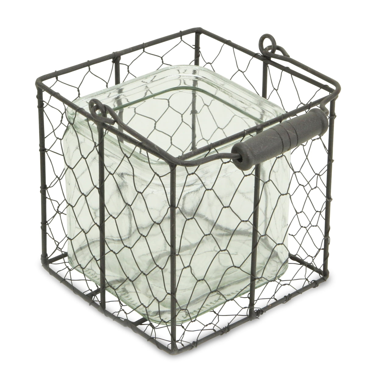 15s002brl Square Glass Jar In Wire Basket, Brown - Large