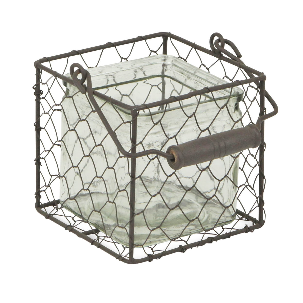 15s002brm Square Glass Jar In Wire Basket, Brown - Medium