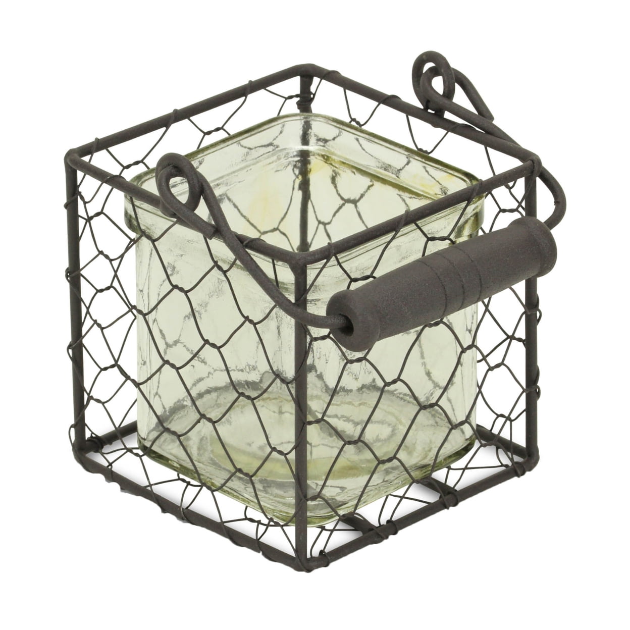 15s002brs Square Glass Jar In Wire Basket, Brown - Small