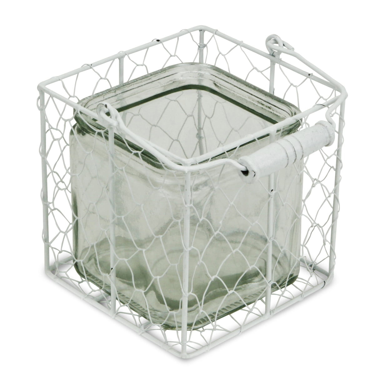 15s002wl Square Glass Jar In Wire Basket, White - Large