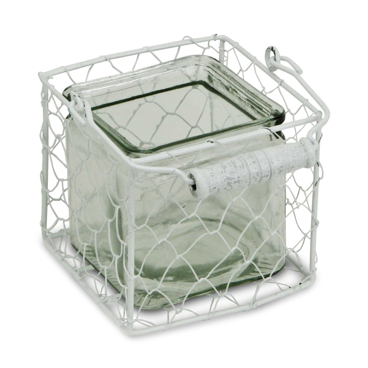 15s002wm Square Glass Jar In Wire Basket, White - Medium