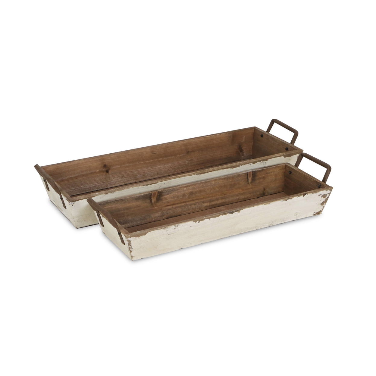Cheung Fp-3874-2w Wooden Tapered Storage Tray With Side Metal Handles, Set Of 2