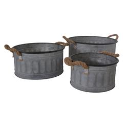 5080-3 Round Metal Storage Bucket With Rope Handle - Set Of 3