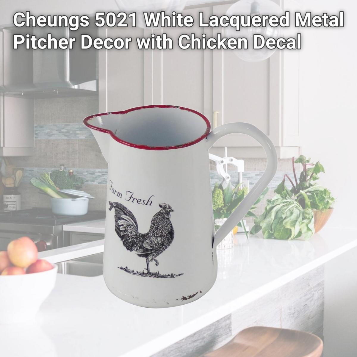 Picture of Cheungs 5021 White Lacquered Metal Pitcher Decor with Chicken Decal