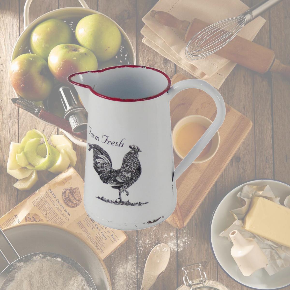 Picture of Cheungs 5021 White Lacquered Metal Pitcher Decor with Chicken Decal