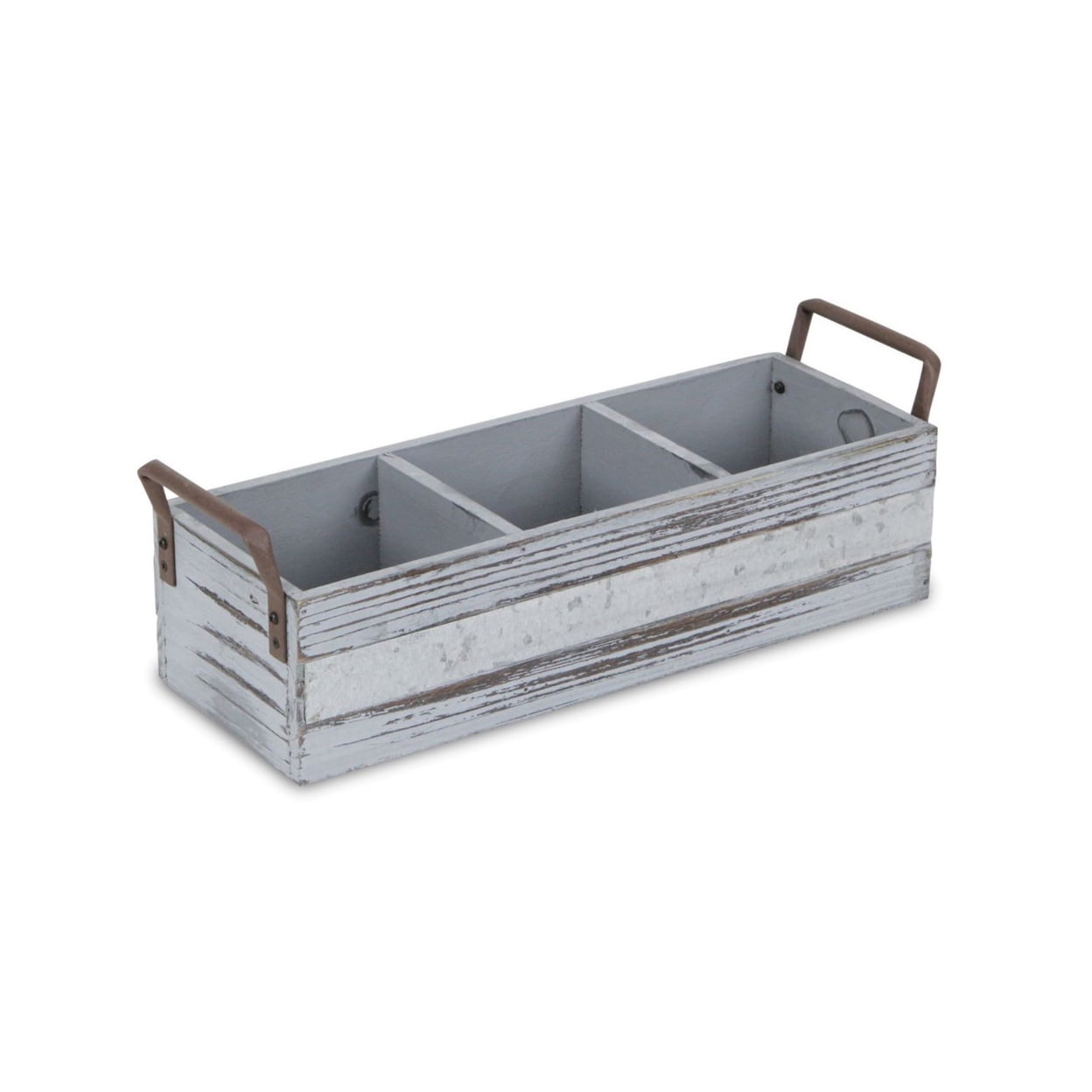 Fp-3878gw Gray Wash Wooden 3 Slot Storage Caddy With Side Metal Handles & Center Galvanized Accent