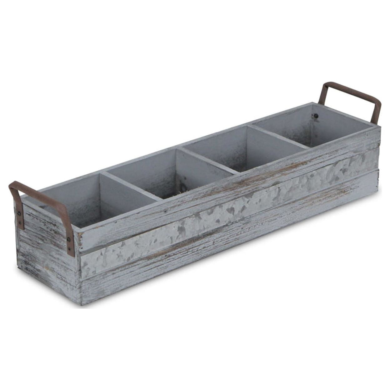 Fp-3879gw Gray Wash Wooden 4 Slot Storage Caddy With Side Metal Handles & Center Galvanized Accent