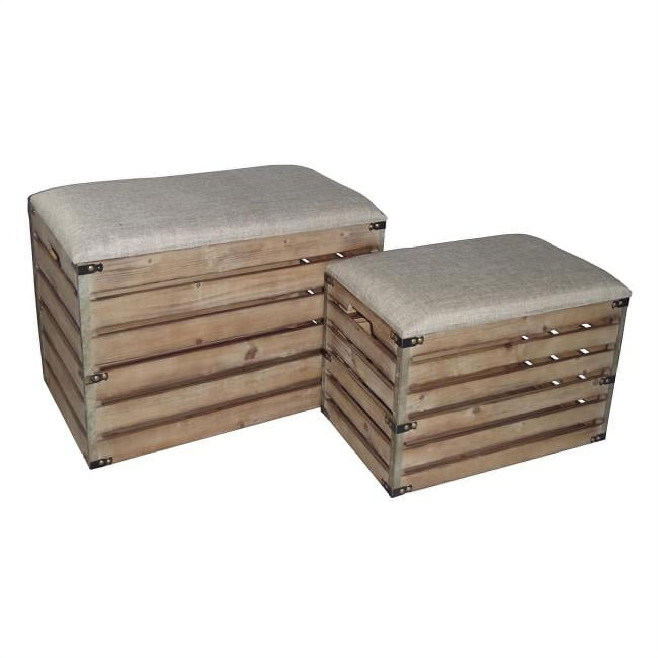 4935-2 Rectangular Wood Slat Storage Bench With Metal Accent & Cushioned Lid - Set Of 2