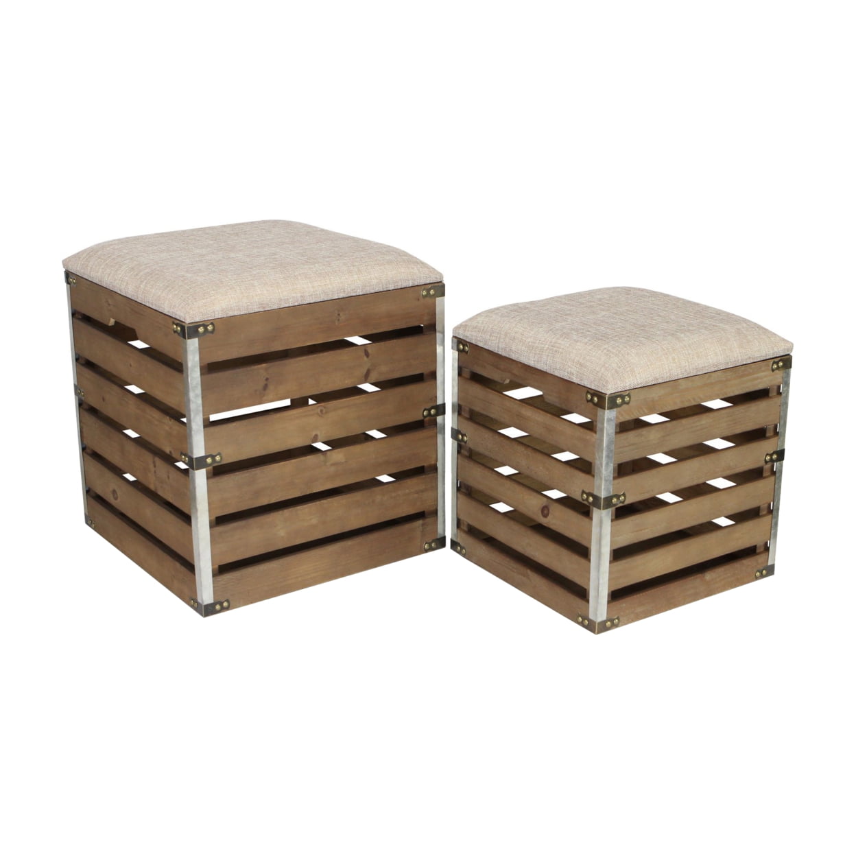 4936-2 Square Wood Slat Storage Bench With Metal Accent & Cushioned Lid - Set Of 2