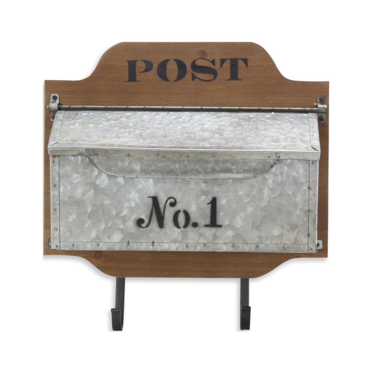 4977 Wall Storage Mail Box Decor With Wood Back, Metal Compartment & 2 Metal Hooks