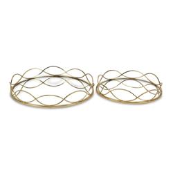 5386-2 Round, Metal Trays With A Mirrored Center & Curved Rim Pattern - Set Of 2