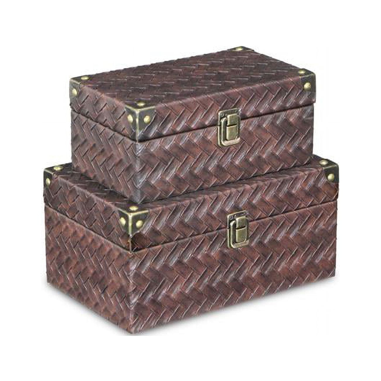 5540-2 Woven Brown Vinyl Pattern Boxes With Front Buckle & Bronze Corners - Set Of 2
