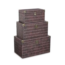5541-3 Woven Brown Vinyl Pattern Trunks With Front Buckle & Bronze Corners - Set Of 3