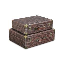 5542-2 Woven Brown Vinyl Pattern Suitcases With Front Buckles Bronze Corners & Side Straps - Set Of 2