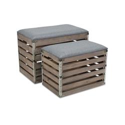 4935-2gw Rectangular Wood Slat Storage Bench With Metal Accent & Cushioned Lid - Set Of 2
