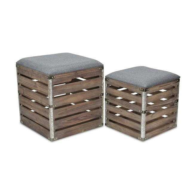 4936-2gw Square Wood Slat Storage Bench With Metal Accent & Cushioned Lid - Set Of 2