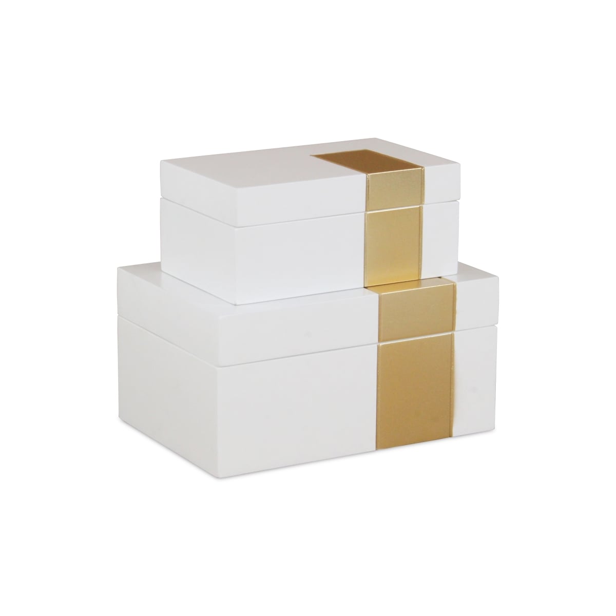 White Wooden Decorative Box Set with Golden Accent - Set of 2 - Stylish Storage Solution