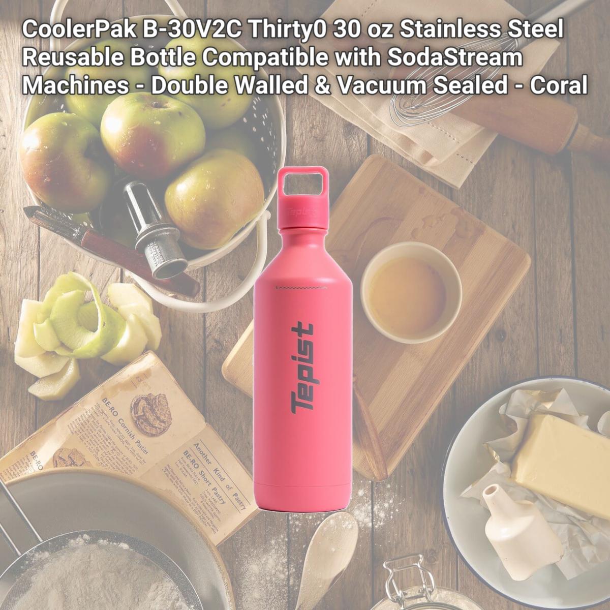 Picture of CoolerPak B-30V2C Thirty0 30 oz Stainless Steel Reusable Bottle Compatible with SodaStream Machines - Double Walled & Vacuum Sealed - Coral