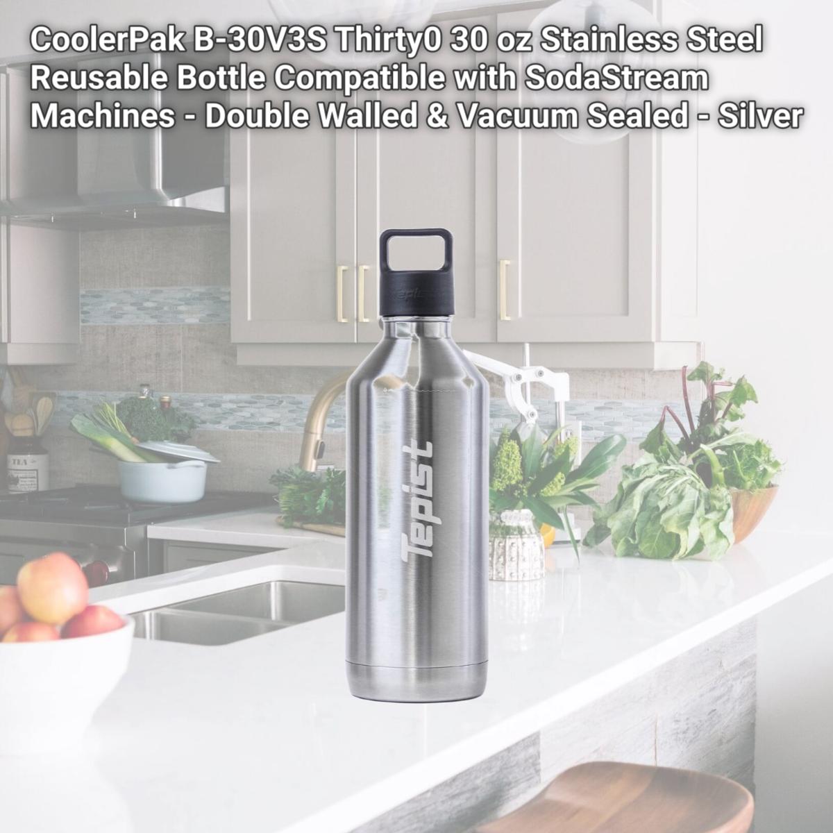 Picture of CoolerPak B-30V3S Thirty0 30 oz Stainless Steel Reusable Bottle Compatible with SodaStream Machines - Double Walled & Vacuum Sealed - Silver