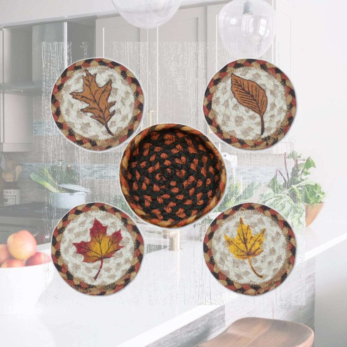 Picture of Capitol Importing 29-CB222FHL 5 x 5 in. Jute Round Fall Harvest Leaf Coasters in a Basket