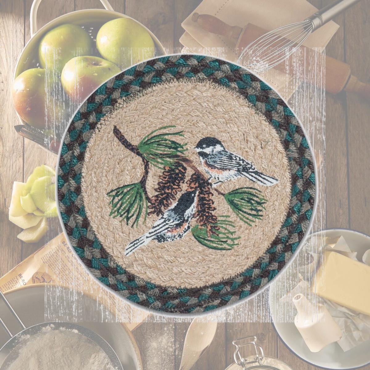 Picture of Capitol Importing 80-577CP 10 in. Jute Round Chickadee Pinecone Printed Trivet