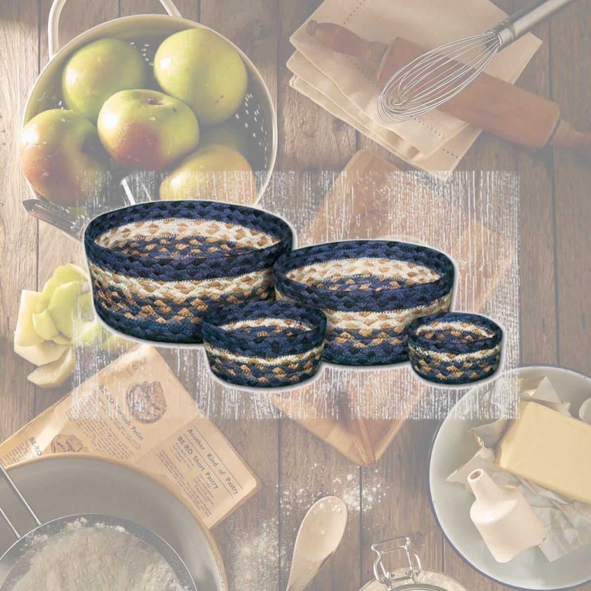 Picture of Capitol Importing 36-CB079 Casserole Braided Basket, Light & Dark Blue & Mustard - Set of 4