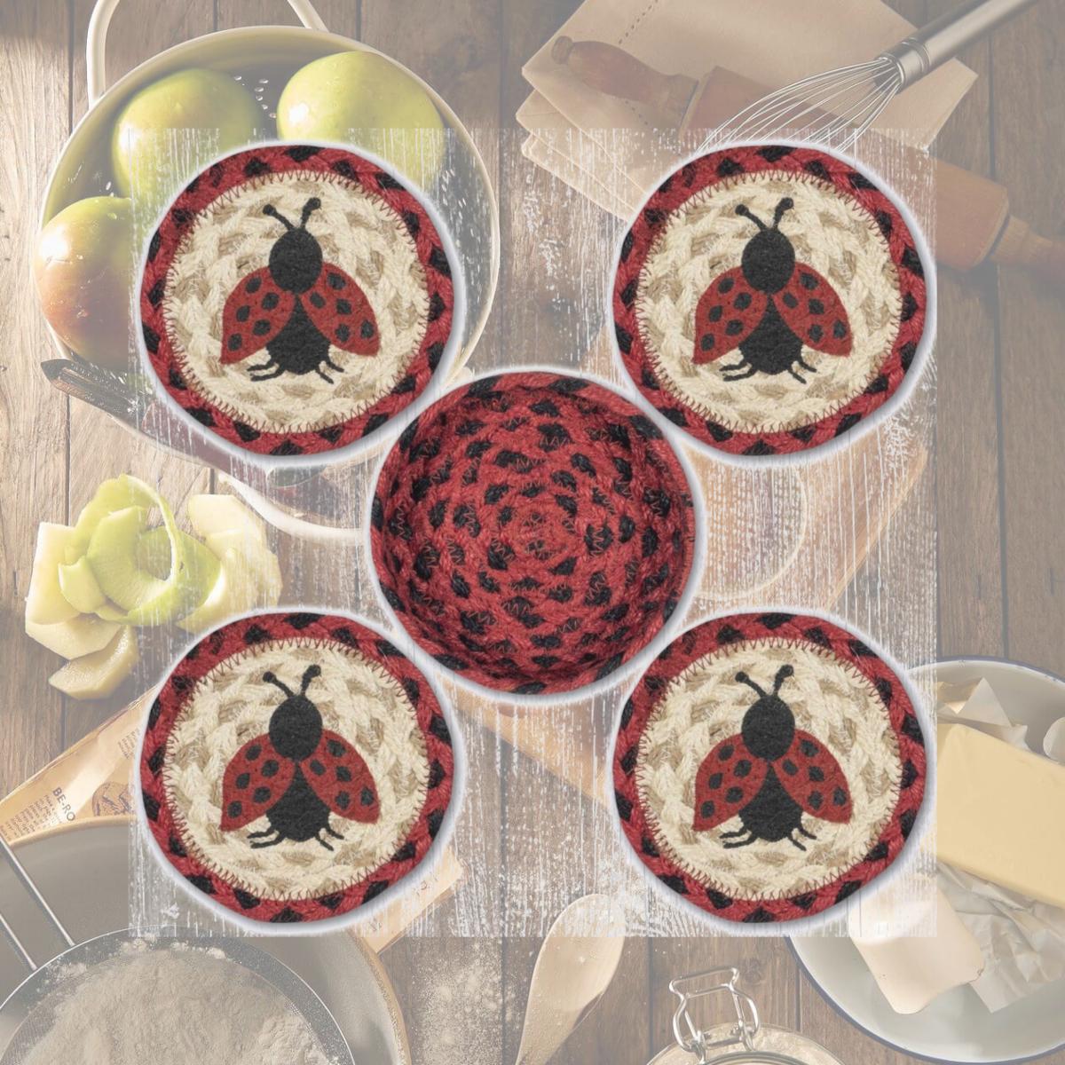 Picture of Earth Rug 29-CB396L 5 x 5 in. Ladybug Braided Coasters in a Basket, Multi Color