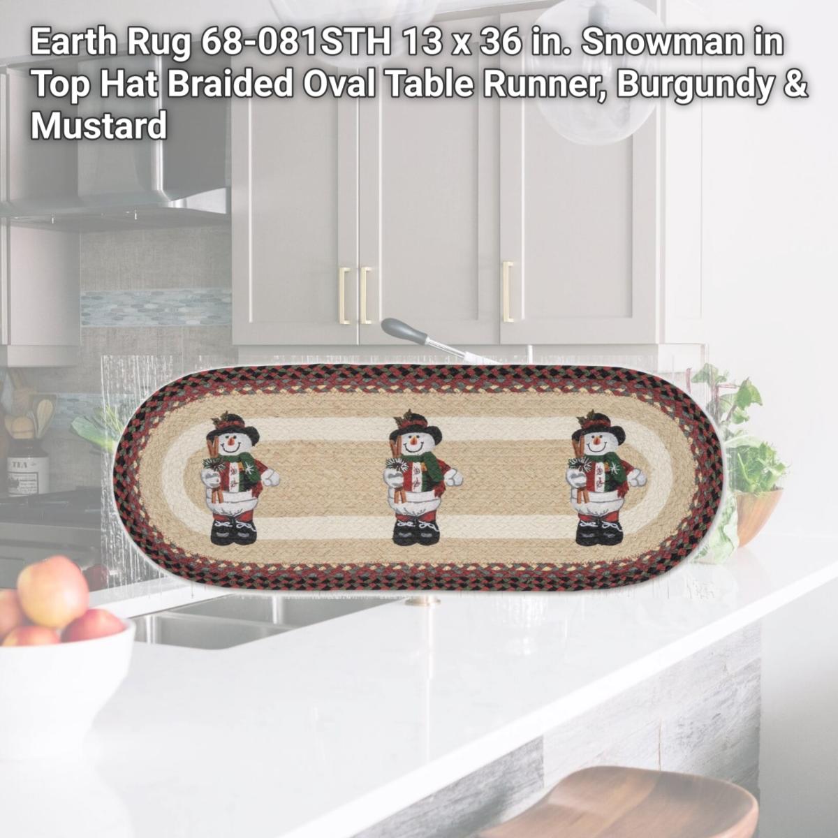 Picture of Earth Rug 68-081STH 13 x 36 in. Snowman in Top Hat Braided Oval Table Runner, Burgundy & Mustard