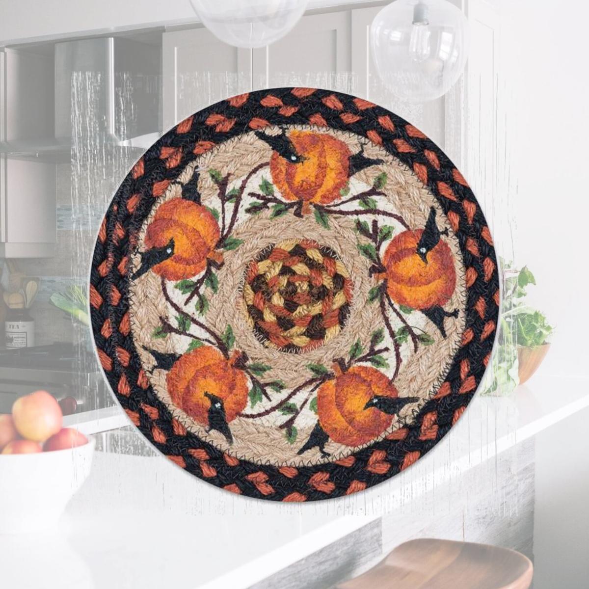 Picture of Capitol Importing 80-222PC 10 x 10 in. Jute Round Pumpkin Crow Printed Trivet